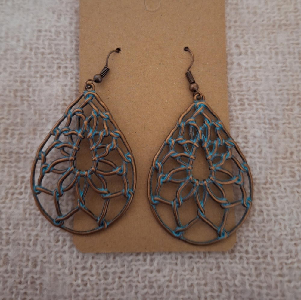 Bronze Filigree Earrings With Blue Accents